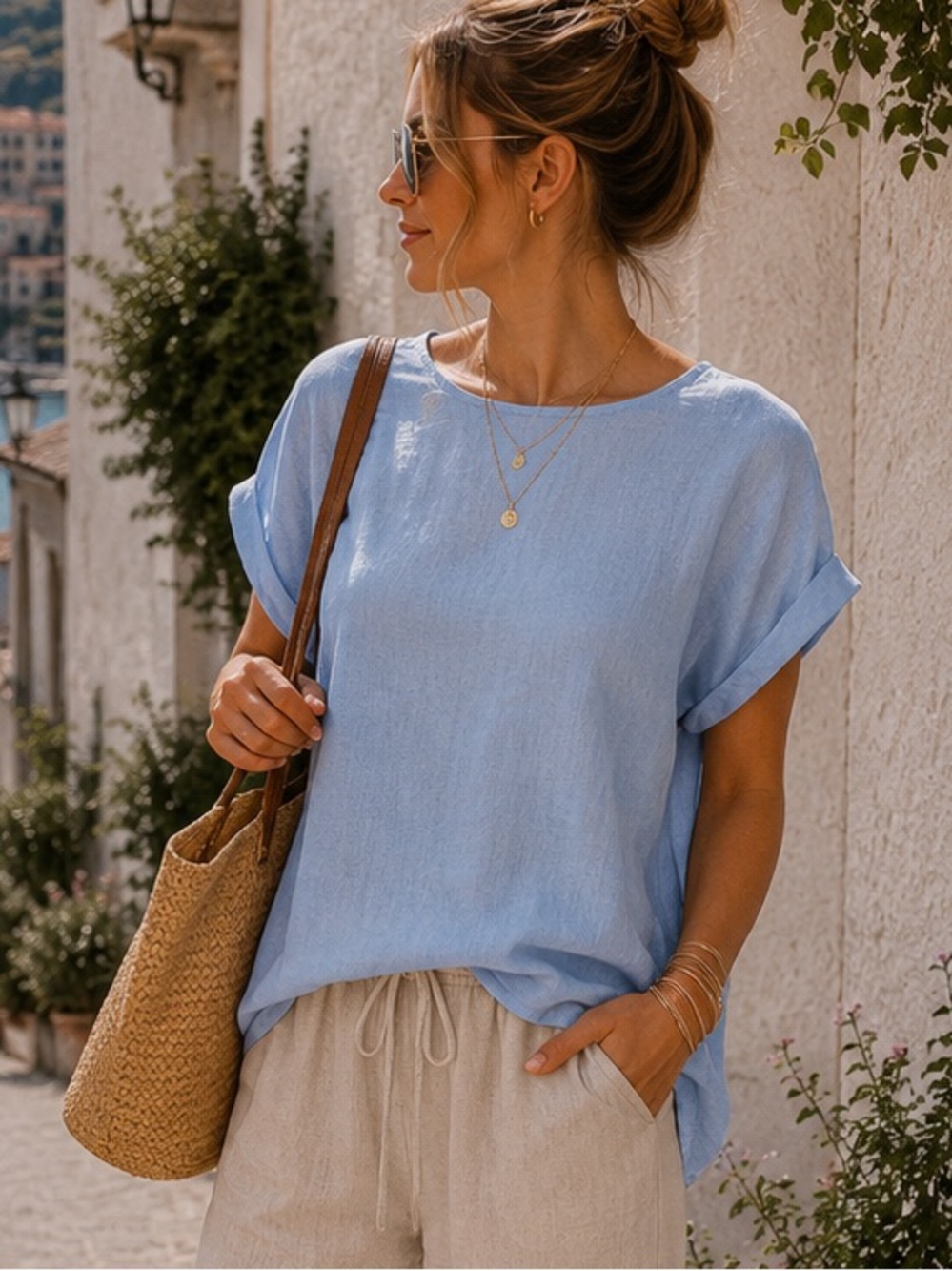 PureJill J.Jill 100% Linen Ocean Blue Cap Sleeve Top L Relaxed Side Slit Coastal